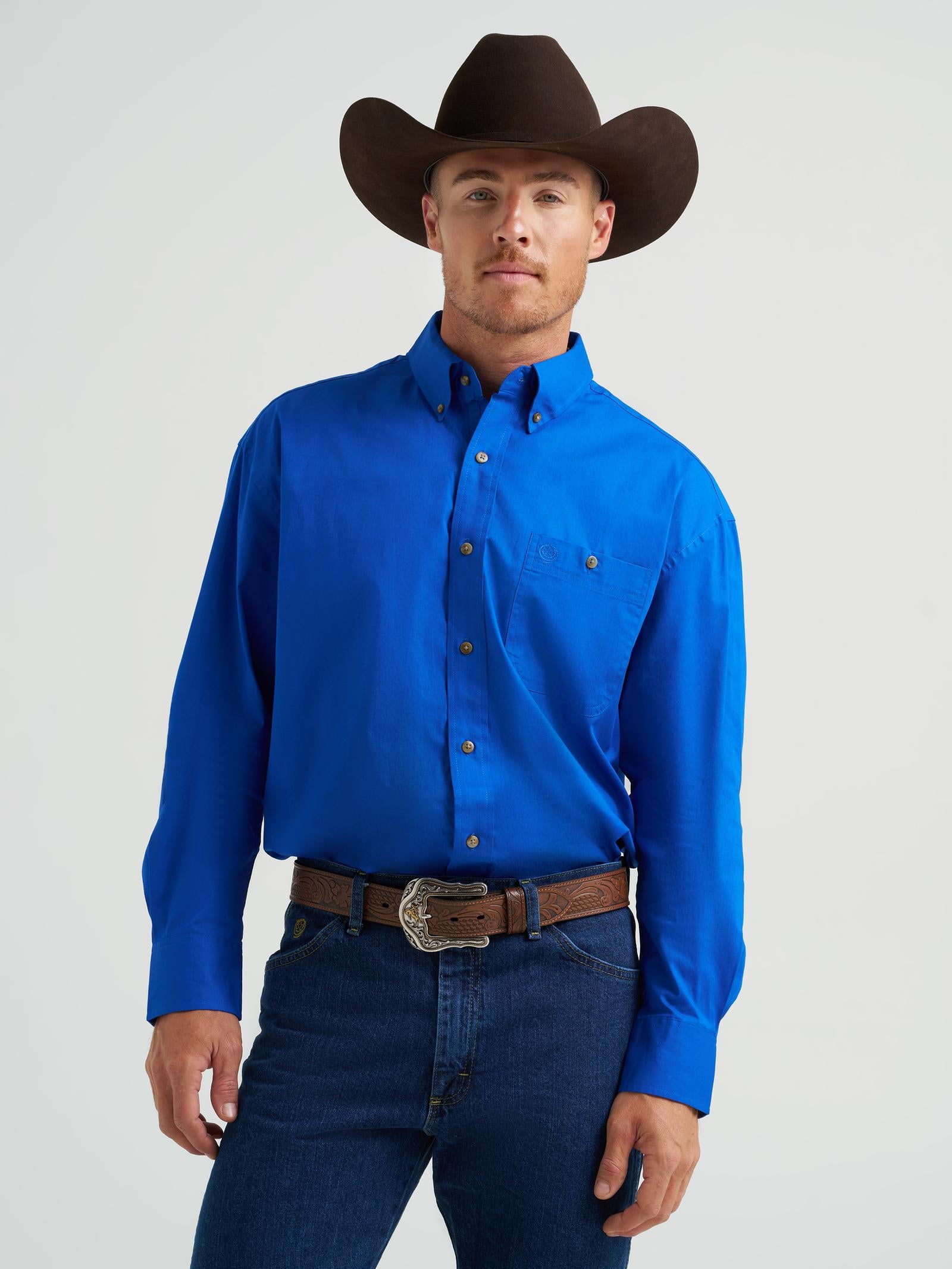Wrangler George Strait Solid Long Sleeve Shirt - Relaxed Fit - Royal Blue  -XL