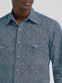Wrangler Mens 20X® Competition Advanced Comfort Long Sleeve Two Pocket Western Snap - Navy PaisleyShirt