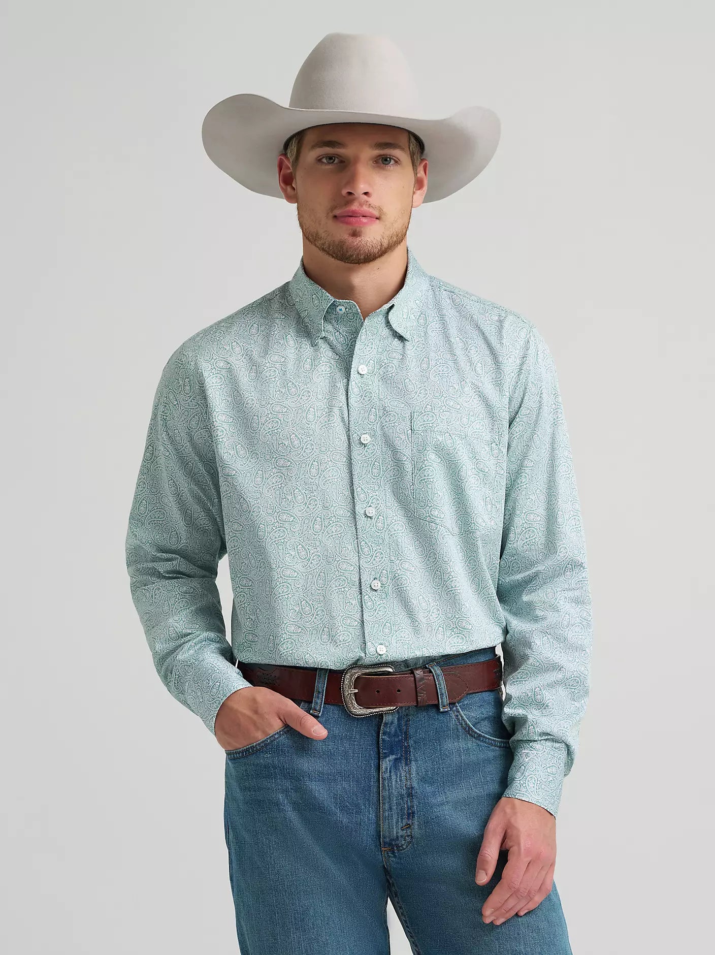 Wrangler Mens Cody Johnson One Pocket Button Down Shirt - Moss Paisley