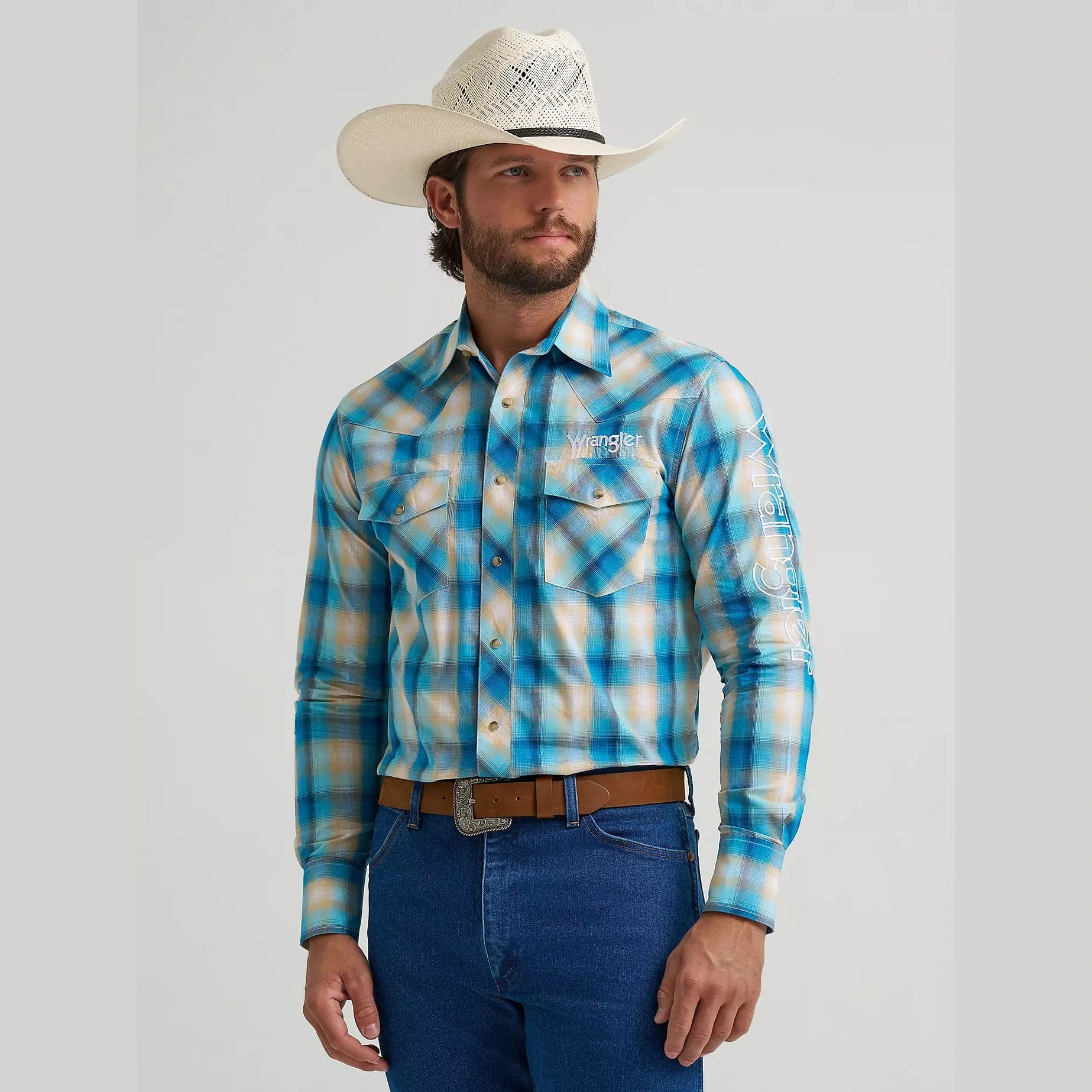 Wrangler Mends Logo Long Sleeve Western Snap Shirt - Turquoise Madras
