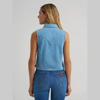 Wrangler Womens Saddle Embroidered Denim Sleeveless Snap Shirt