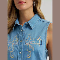 Wrangler Womens Saddle Embroidered Denim Sleeveless Snap Shirt