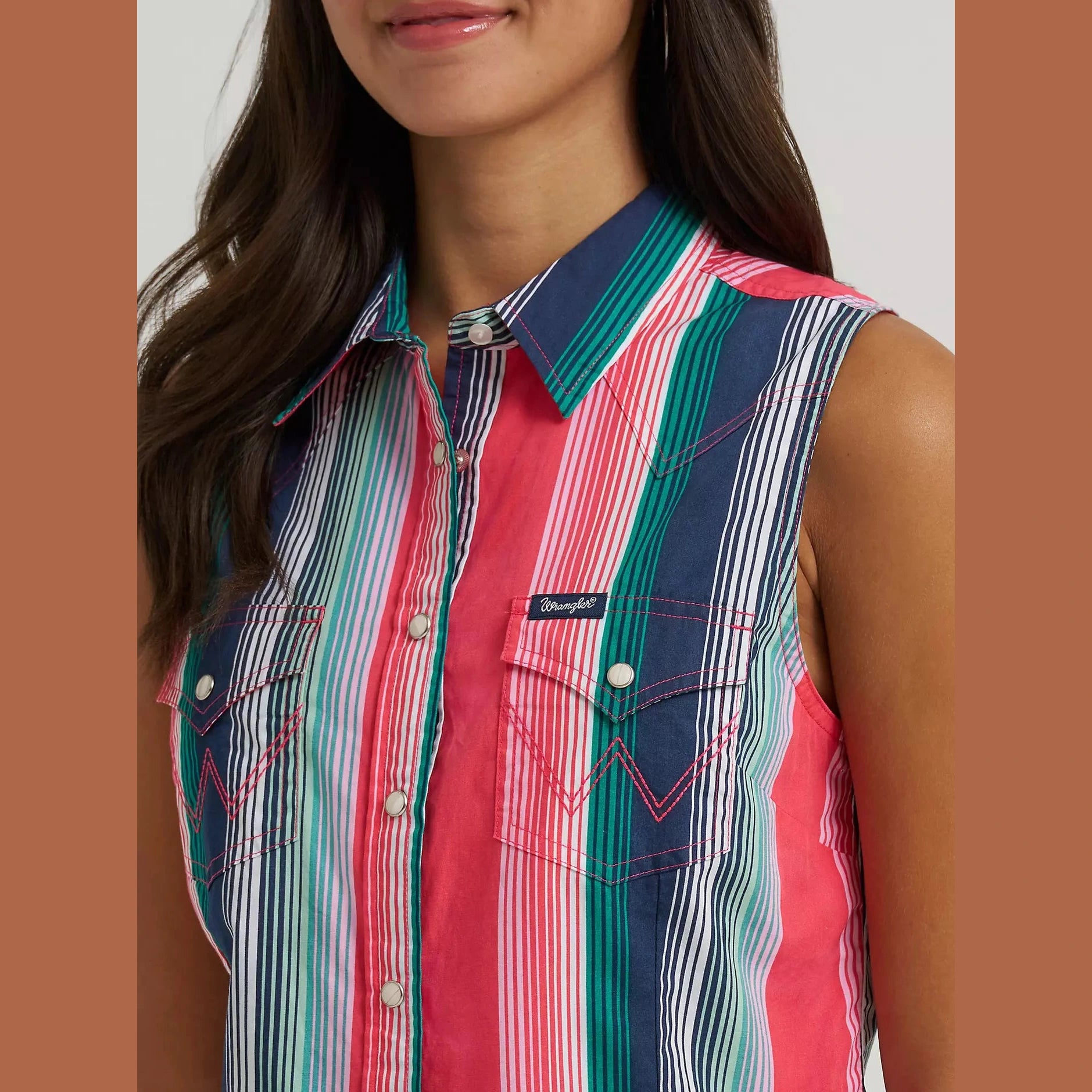 Wrangler Womens Striped Sleeveless Snap Shirt - Pink