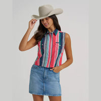 Wrangler Womens Striped Sleeveless Snap Shirt - Pink