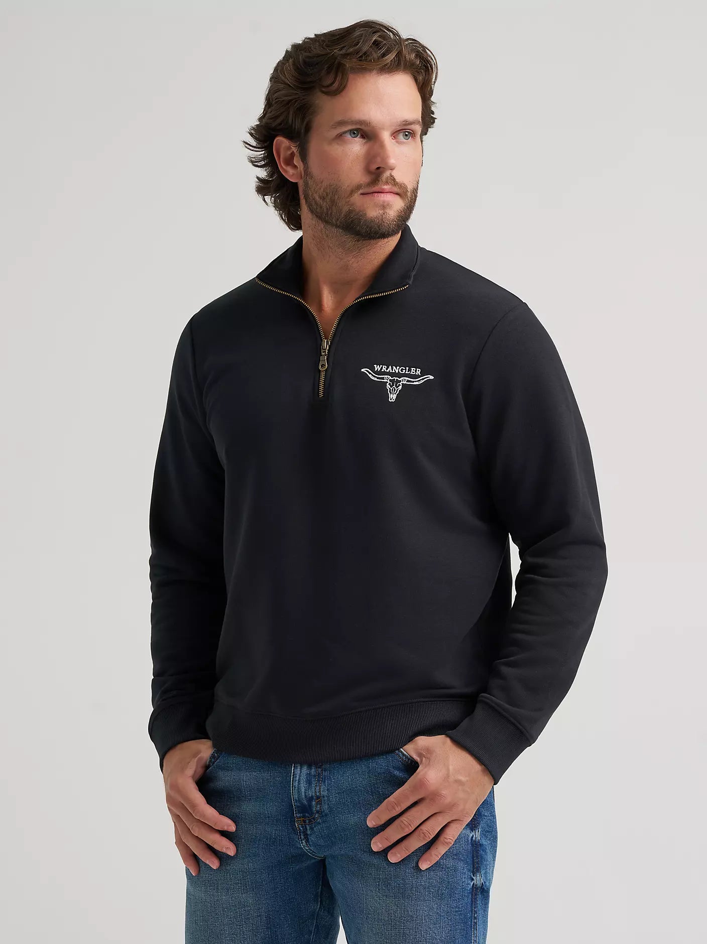 Wrangler Mens Longhorn Wrangler Quarter-Zip Fleece Pullover - Jet Black