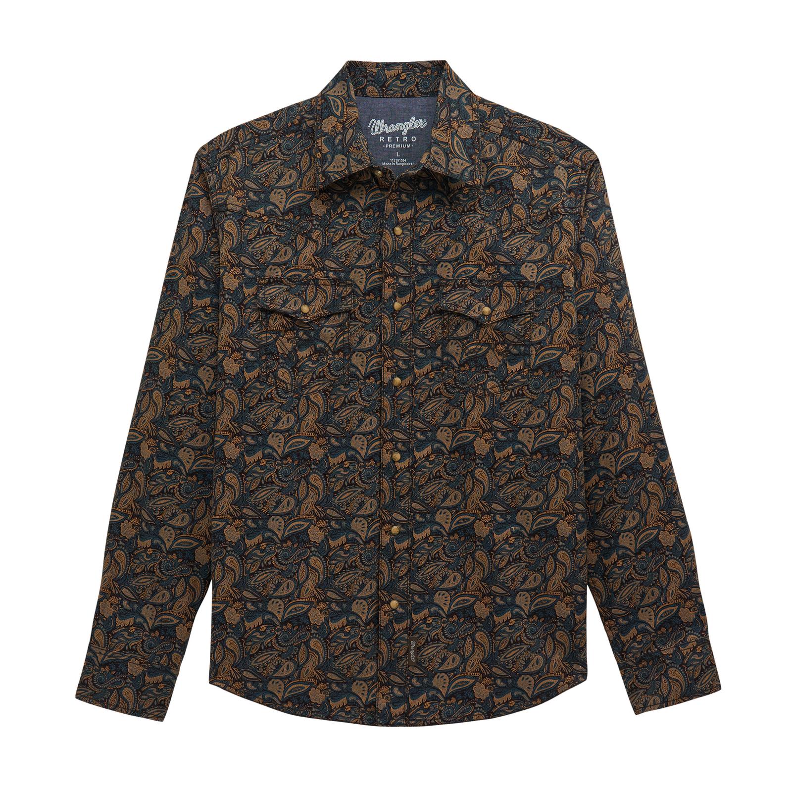 Wrangler Mens Retro Premium Long Sleeve Snap Shirt - Modern Fit - Brown