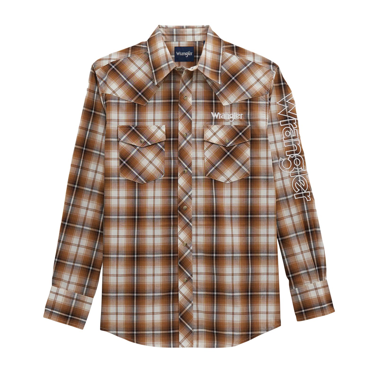 Wrangler Mens Long Sleeve Logo Shirt - Snaps - Brown