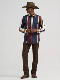 Wrangler Mens Vintage-Inspired Brushpopper Western Snap Workshirt - Navy Multi