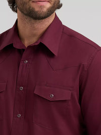 Wrangler Mens Long Sleeve Solid Broadcloth Western Snap Shirt - Burgundy