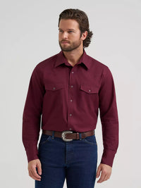 Wrangler Mens Long Sleeve Solid Broadcloth Western Snap Shirt - Burgundy