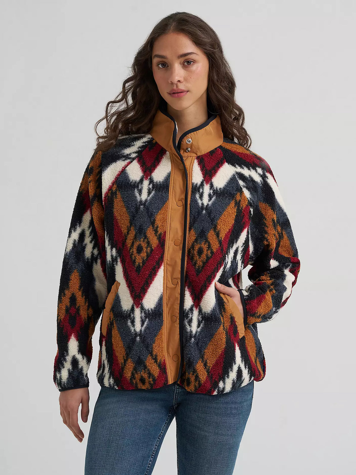 Wrangler Womens Hay Away Big Sky Sherpa Snap Jacket - Desert Chevron
