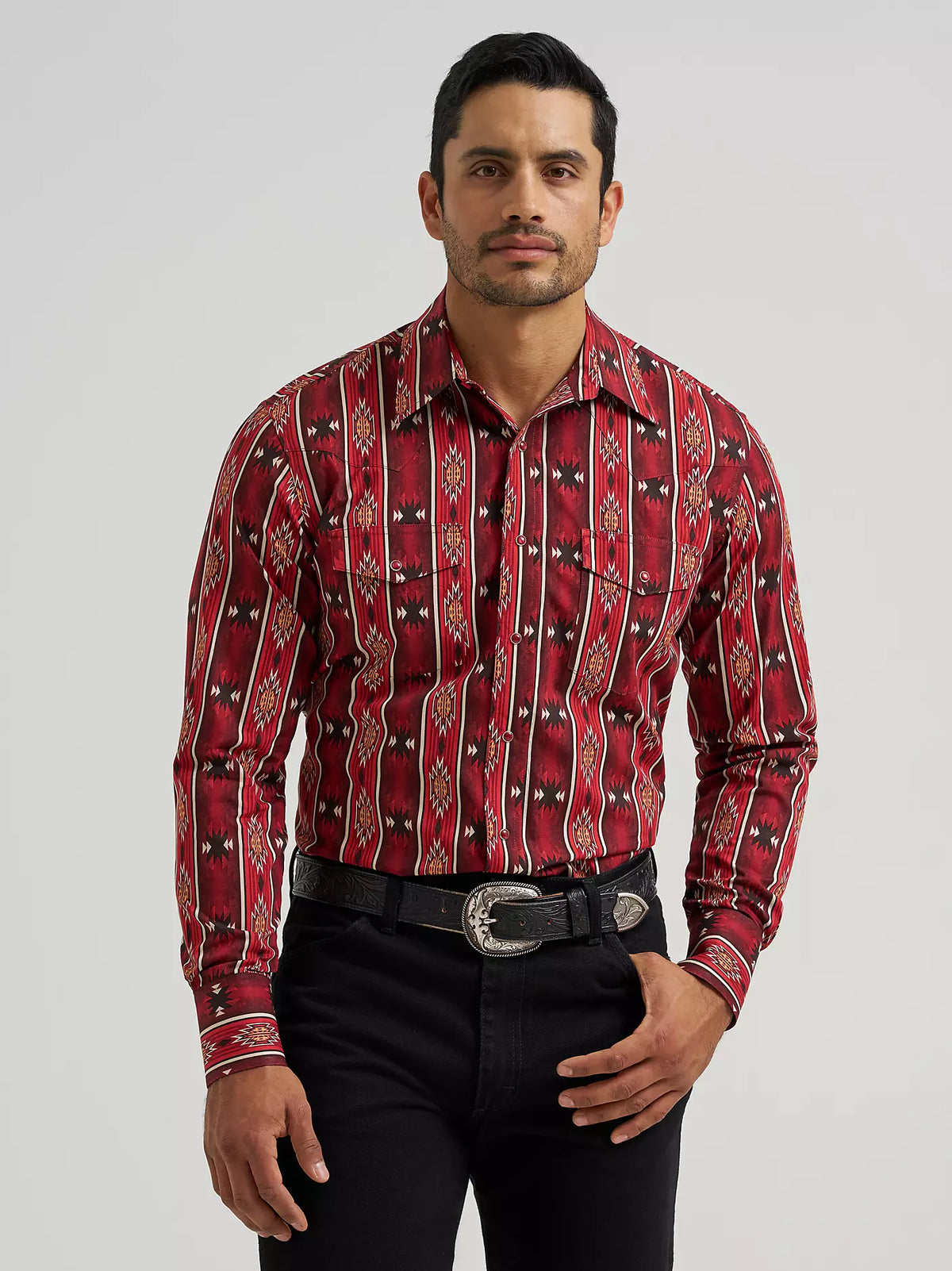 Wrangler Mens Checotah Dress Western Long Sleeve Shirt - Classic Fit - Red