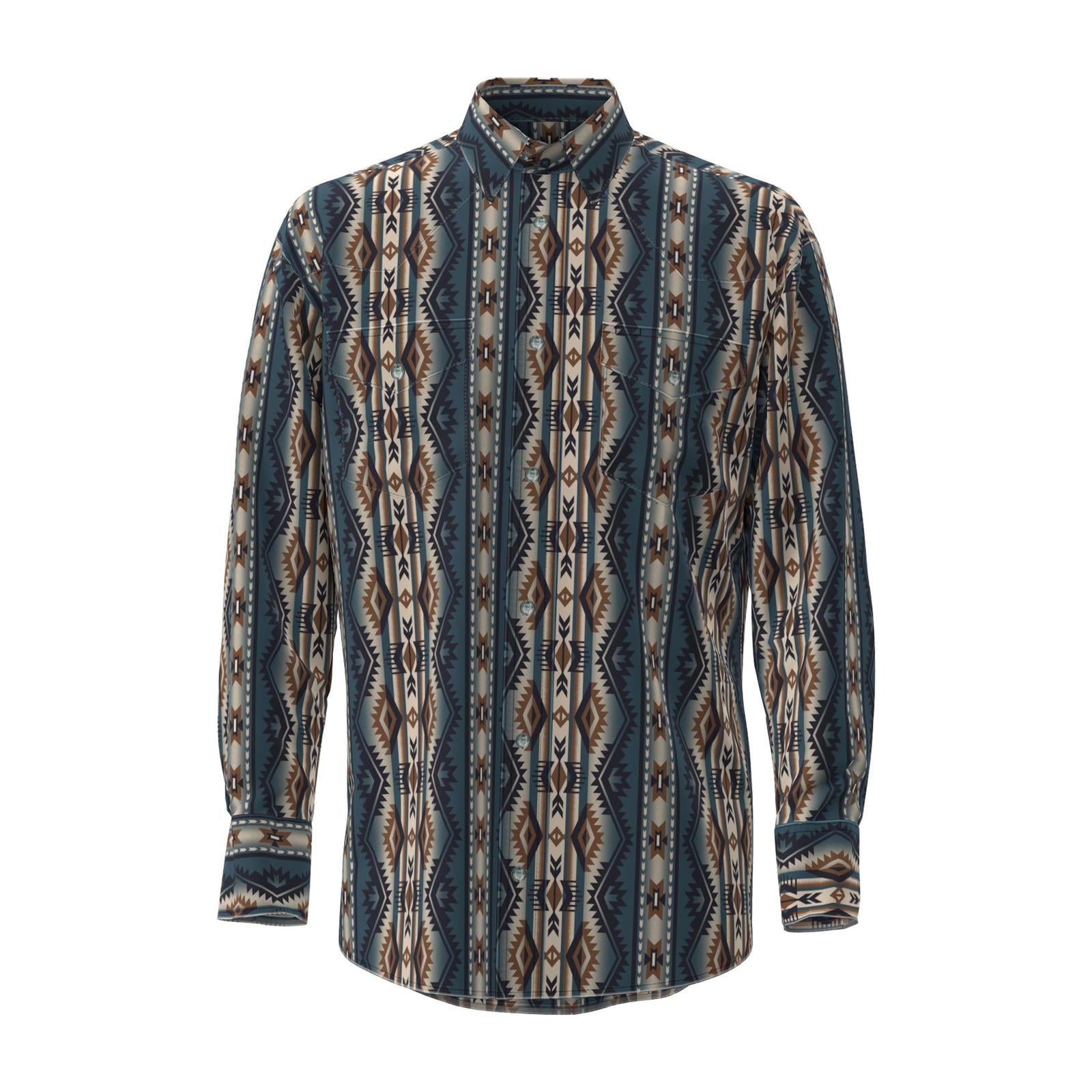 Wrangler Mens Checotah Dress Western Long Sleeve Shirt - Classic Fit - Teal/Brown