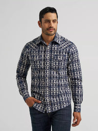Wrangler Mens Retro® Premium Long Sleeve Western Snap Printed Shirt - Ikat Navy