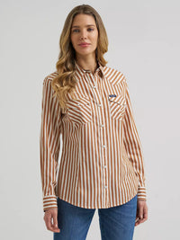 Wrangler Womens Olivia Western Slim Snap Shirt - Caramel Stripe
