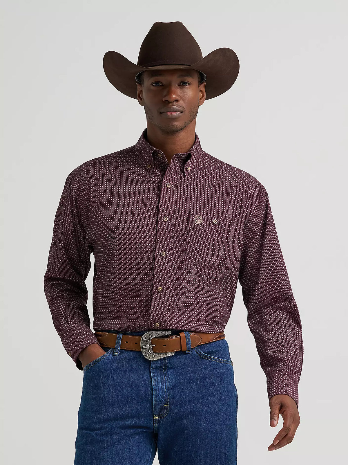 Wrangler Mens George Strait™ Performance Button Down Shirt - Wine Cross