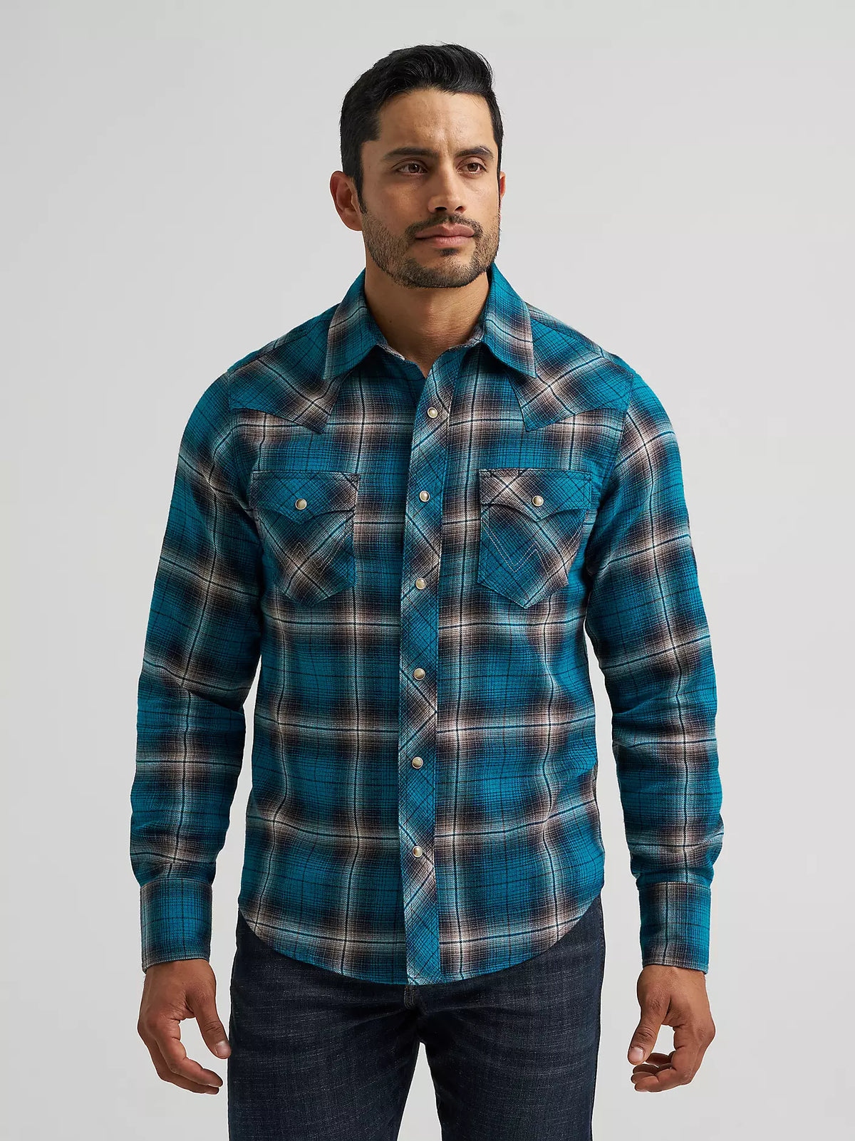 Wrangler Mens Retro® Long Sleeve Flannel Western Snap Plaid Shirt - Stormy Blue