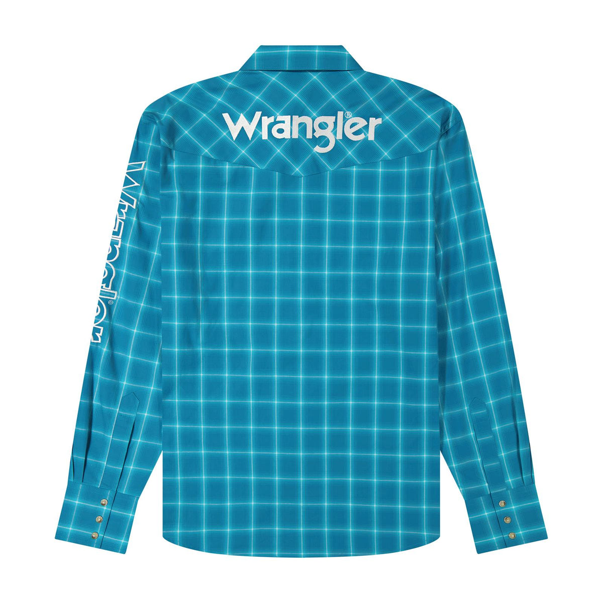 Wrangler Mens  Long Sleeve Logo Shirt - Classic Fit - Snaps - Aqua