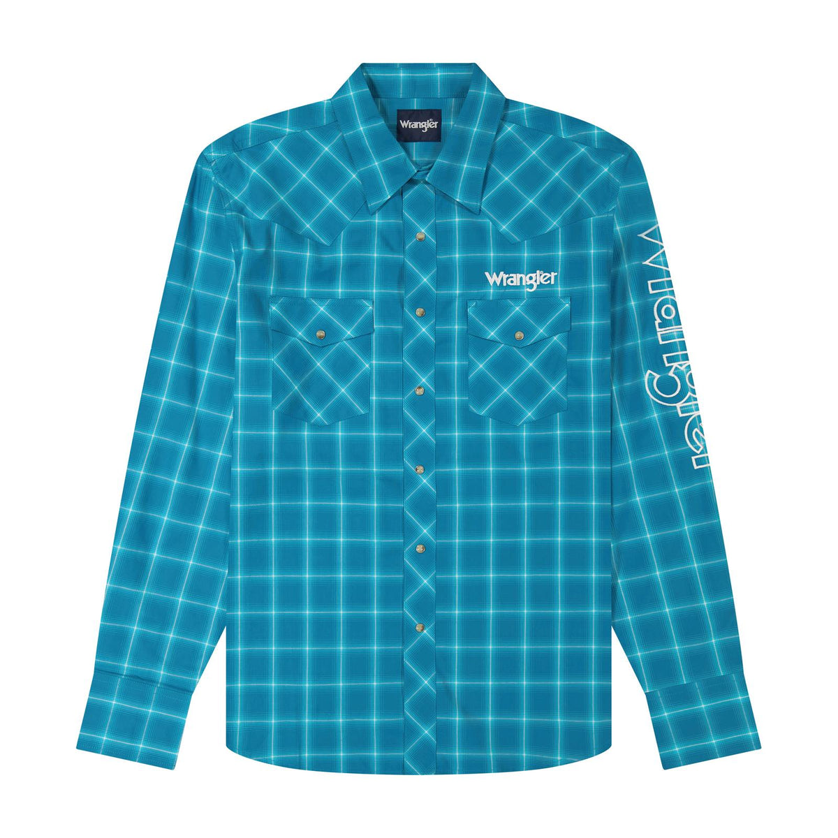 Wrangler Mens  Long Sleeve Logo Shirt - Classic Fit - Snaps - Aqua