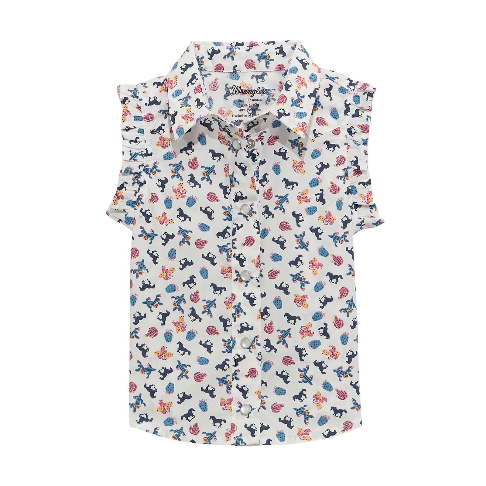 WRANGLER GIRLS SLEEVELESS RUFFLE WESTERN SHIRT - WHITE