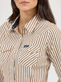WRANGLER WOMENS ALL OCCASION WESTERN SNAP SHIRT - TAN STRIPES