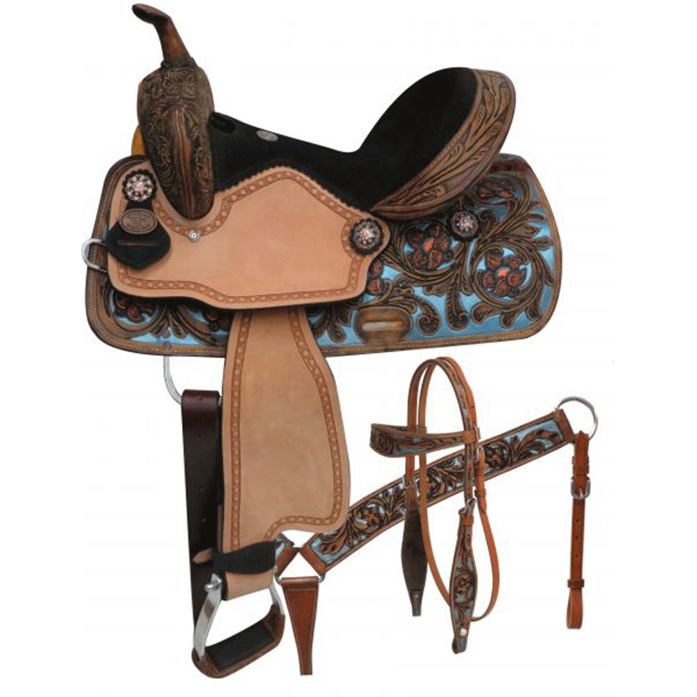 Double T Barrel Style Saddle Set with Metallic Painted Tooling - 14"