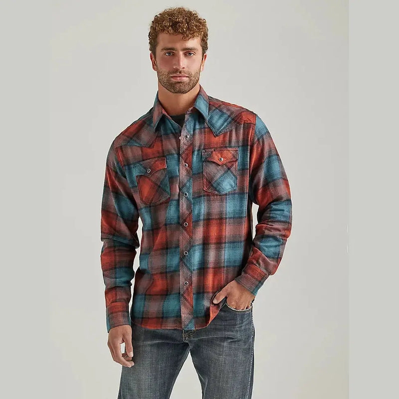 WRANGLER MENS FLANNEL SNAP WESTERN SHIRT - TEAL TAN PLAID