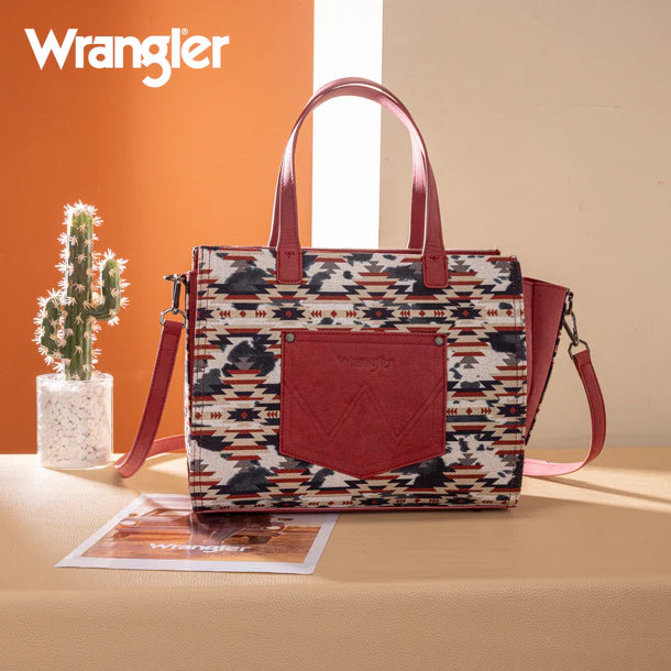 Wrangler Aztec Print Tote/Crossbody Wallet Set- Red