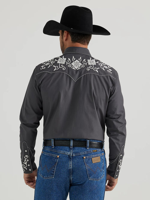 WRANGLER MENS RODEO BEN SNAP SHIRT IN EMBROIDERED GREY
