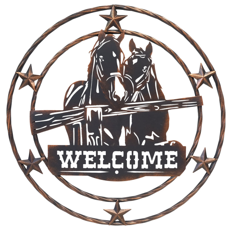 METAL CIRCLE HORSES WELCOME WALL HANGING SIGN - 23"