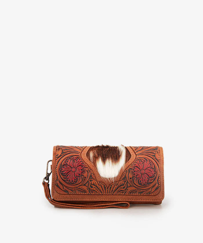 TRINITY RANCH FLORAL TOOLED HAIR-ON COWHIDE WALLET