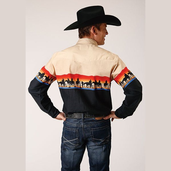 ROPER MENS DAYS END SCENIC BORDER WESTERN SHIRT