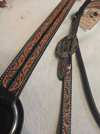 TURQUOISE LEAF BASKET TOOLED  HEADSTALL & BREAST COLLAR SET