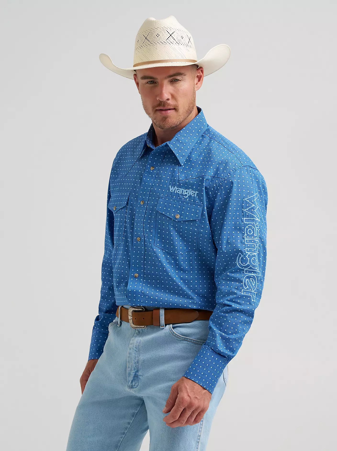 2026 - WRANGLER MENS LOGO PRINT WESTERN SNAP SHIRT - DARK BLUE