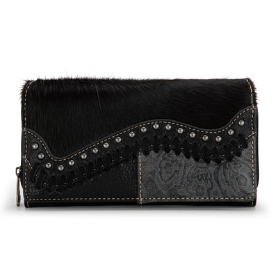 TRINITY RANCH HAIR-ON COWHIDE SADDLE SHAPE WALLET