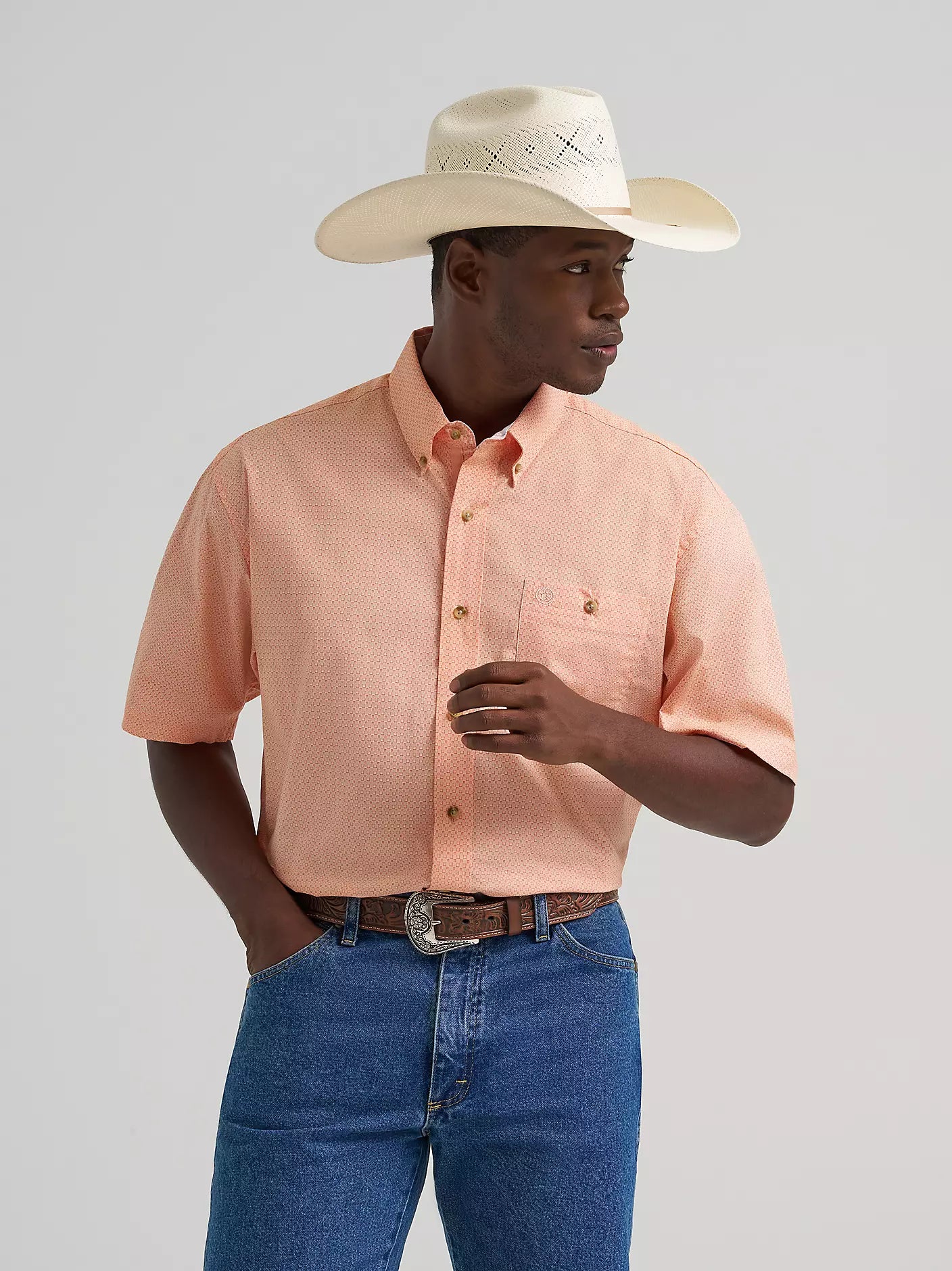 WRANGLER MENS GEORGE STRAIT SHORT SLEEVE SHIRT - PEACH