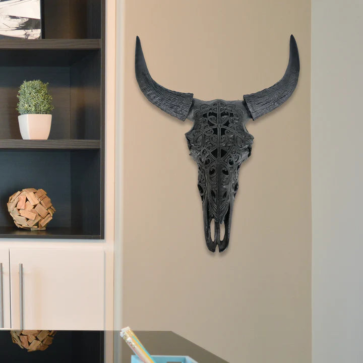 DARK TRIBAL CARVED BULL SKULL