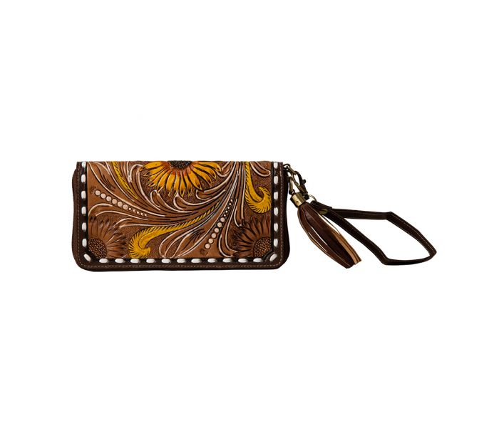 MYRA RADIANT SUNFLOWERS HAND TOOLED CLUTCH WALLET
