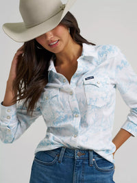 WRANGLER WOMENS COUNTRY TOILE WESTERN SLIM SNAP SHIRT - WHITE