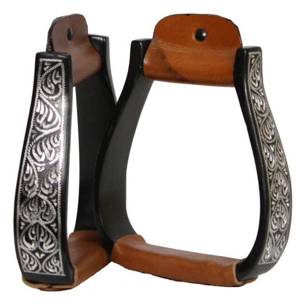 BLACK ALUMINUM ENGRAVED SILVER STIRRUPS