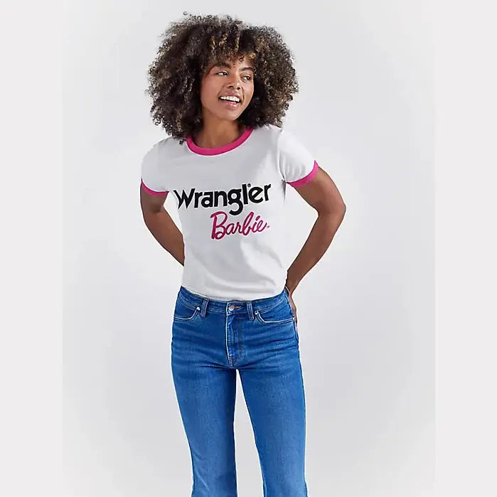 WRANGLER WOMENS X BARBIE LOGOS SLIM RINGER TEE