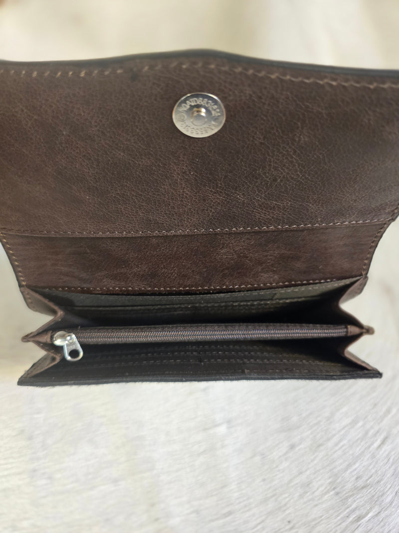 LEATHER HAIR ON LEATHER TOOLED WALLET - TURQ ACCENTS
