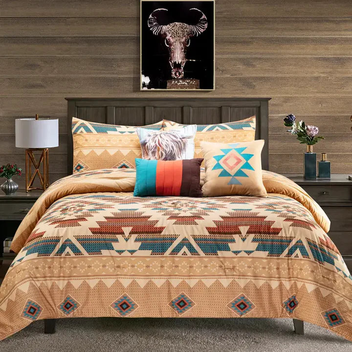 WESTERN LINEN COMFORTER SET - BEIGE AZTEC