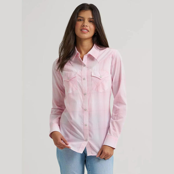 2026 - WRANGLER WOMENS ESSENTIAL PLAID WESTERN SNAP TOP - PINK