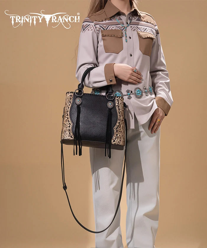 TRINITY RANCH FLORAL TOOLED CONCHO TOTE BAG