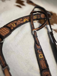 HEADSTALL & BREAST COLLAR SUN FLOWER WITH BROWN LACED