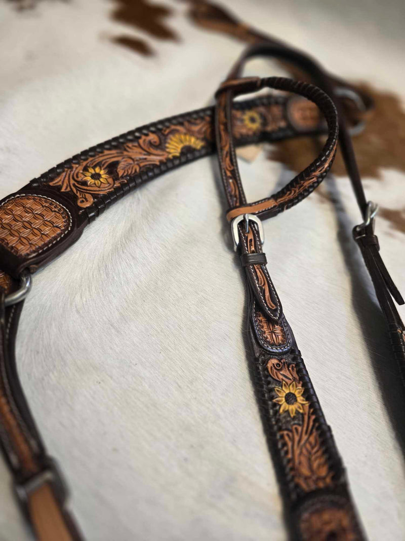 HEADSTALL & BREAST COLLAR SUN FLOWER WITH BROWN LACED