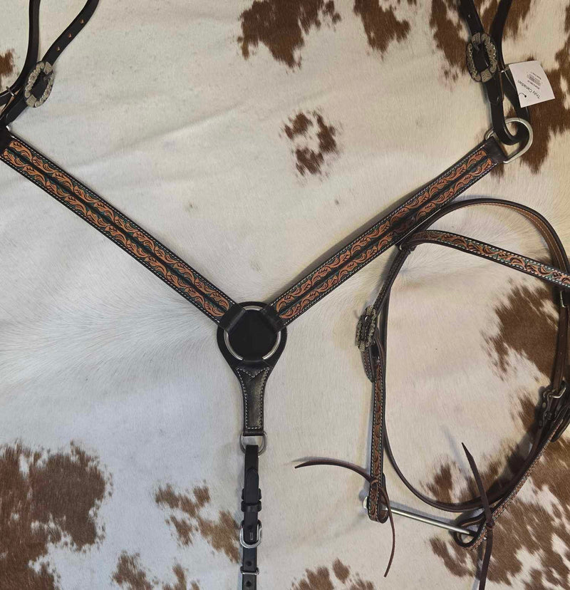 TURQUOISE LEAF BASKET TOOLED  HEADSTALL & BREAST COLLAR SET