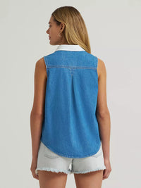 WRANGLER WOMENS EMBELLISHED DENIM SLEEVELESS SNAP SHIRT - MID DENIM