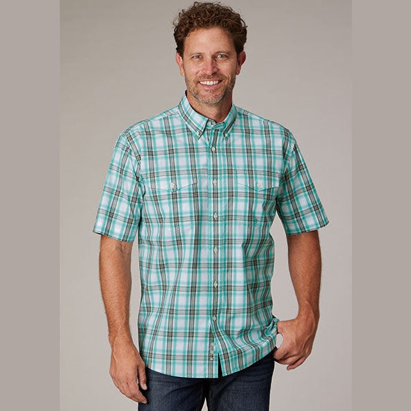 Plaid Shirt Mens Green Short Sleeve Shirt Dubinik®Bamboo Fiber